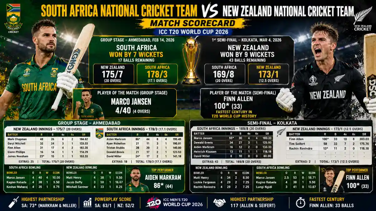 South Africa National Cricket Team Vs New Zealand National Cricket Team Match Scorecard - ICC T20 World Cup 2026