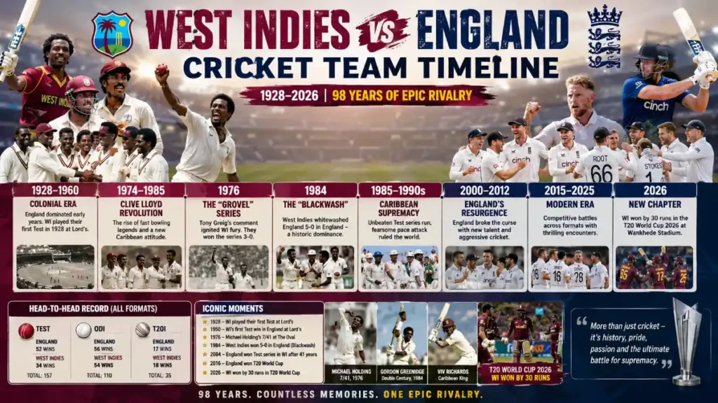 West Indies Cricket Team vs England Cricket Team Timeline